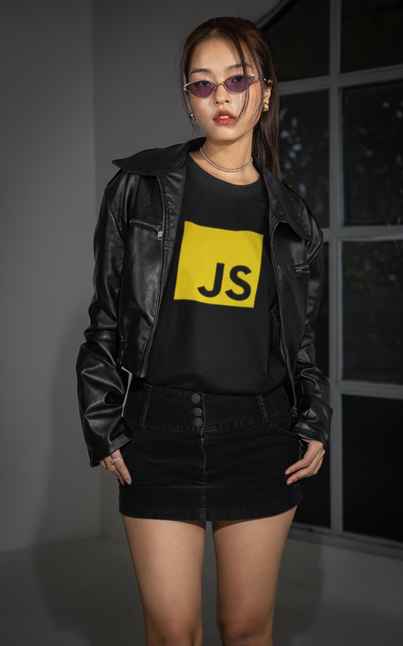 Person wearing a black leather jacket and black t-shirt with 'JS' on a yellow background.